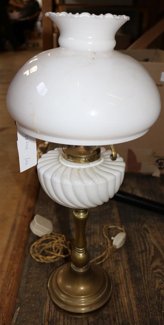 Victorian brass and opaque white glass lamp base & 2 copper warming pans(-)